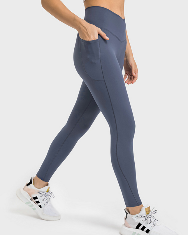 "High-Waist V-Cross Front Design Leggings with Side Pockets''