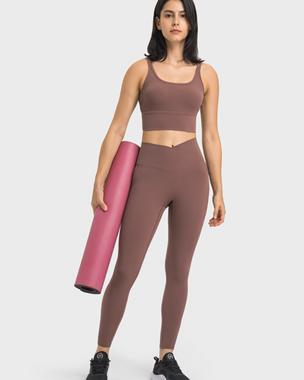 "High-Waist V-Cross Front Design Leggings with Side Pockets''