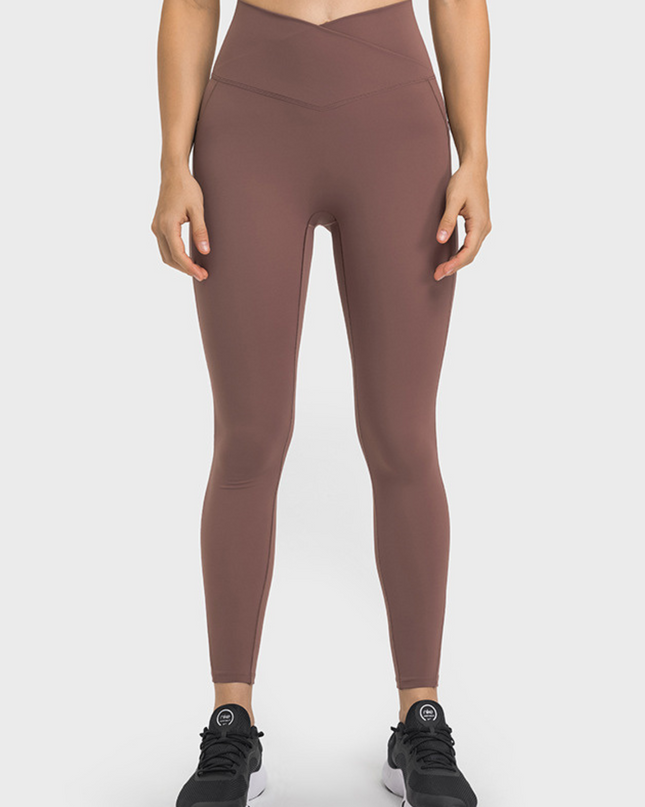 "High-Waist V-Cross Front Design Leggings with Side Pockets''