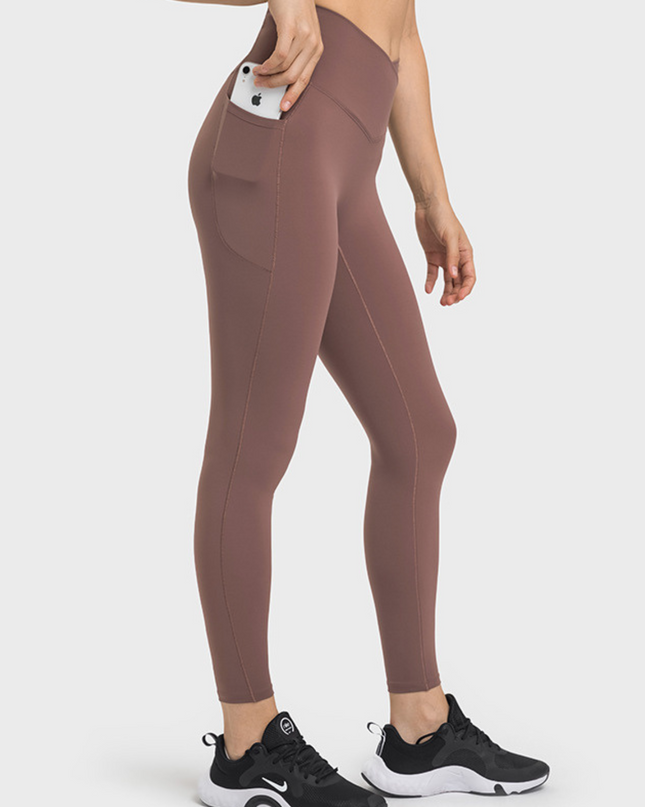 "High-Waist V-Cross Front Design Leggings with Side Pockets''