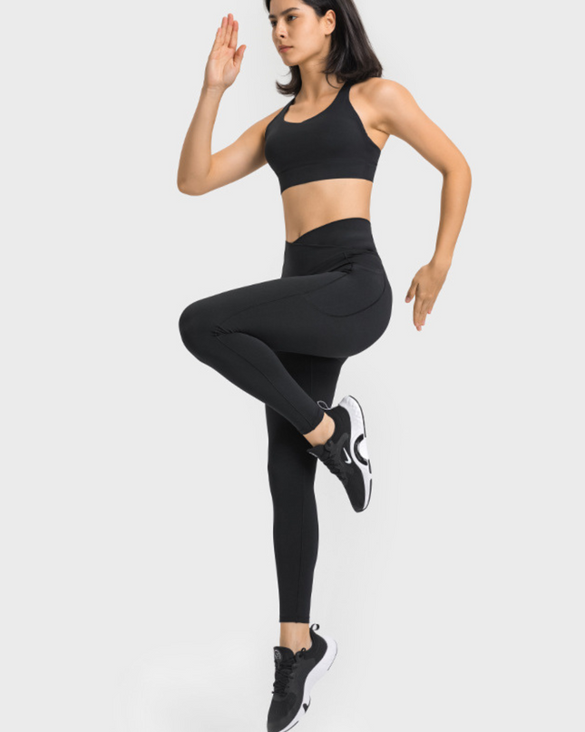 "High-Waist V-Cross Front Design Leggings with Side Pockets''