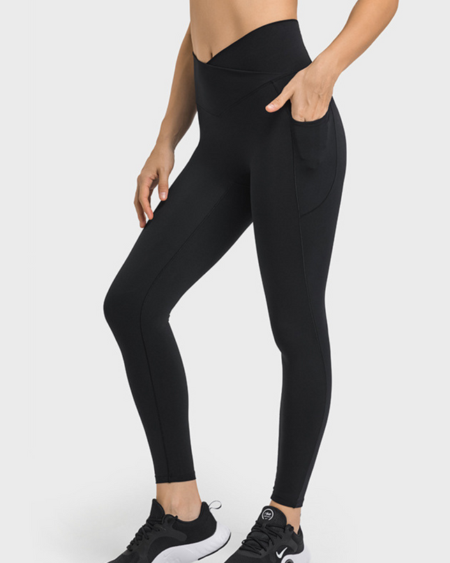 "High-Waist V-Cross Front Design Leggings with Side Pockets''